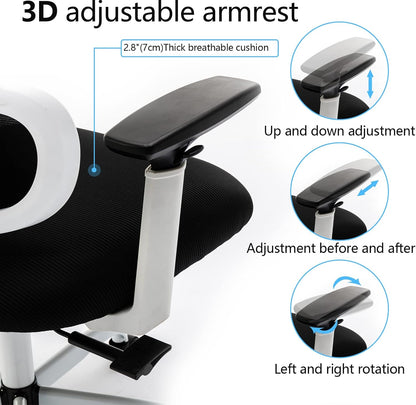 KERDOM KD9070 Bureaustoel Ergonomische bureaustoel met verstelbare hoofdsteun Armleuningen Lendensteun tegen rugpijn Bureaustoel 150kg/330LB laadbalk,55 * 25 * 55,wit
