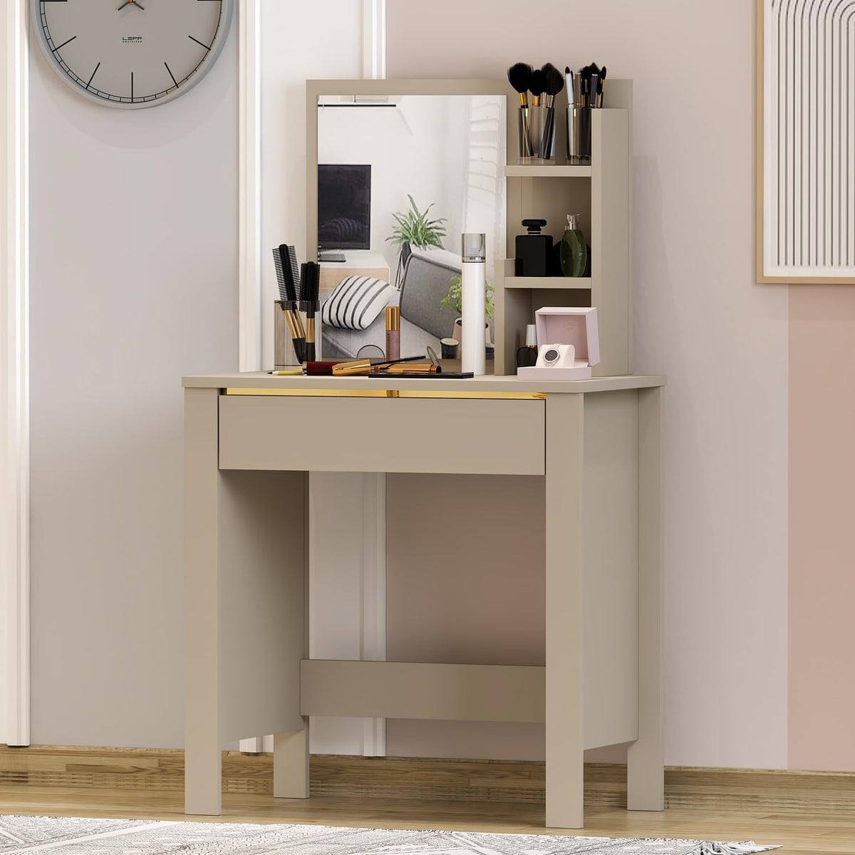Make-uptafel – Kaptafel – Make-upmeubel – Schminktafel – Opbergmeubel – Compacte Afmetingen 72x40x124 cm – Onderhoudsvriendelijk Melamine Oppervlak (Beige)