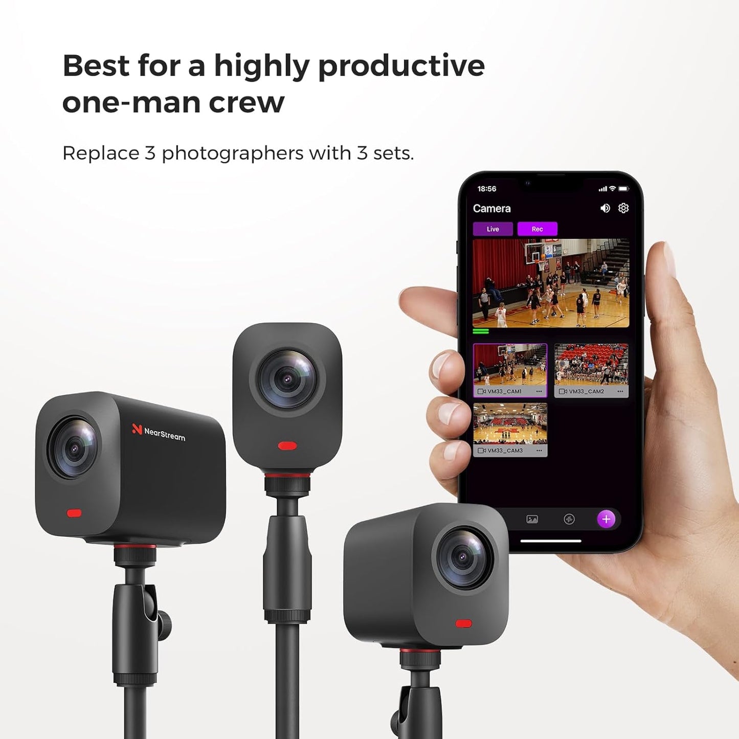 NearStream Draadloze streaming-camera, 2K StreamCam met 40-voudige hybride zoom, multi-cam-ondersteuning, 8 microfoons met ruisonderdrukking, 6 uur batterij, webcam voor YouTube/Twitch/RTMP/Facebook