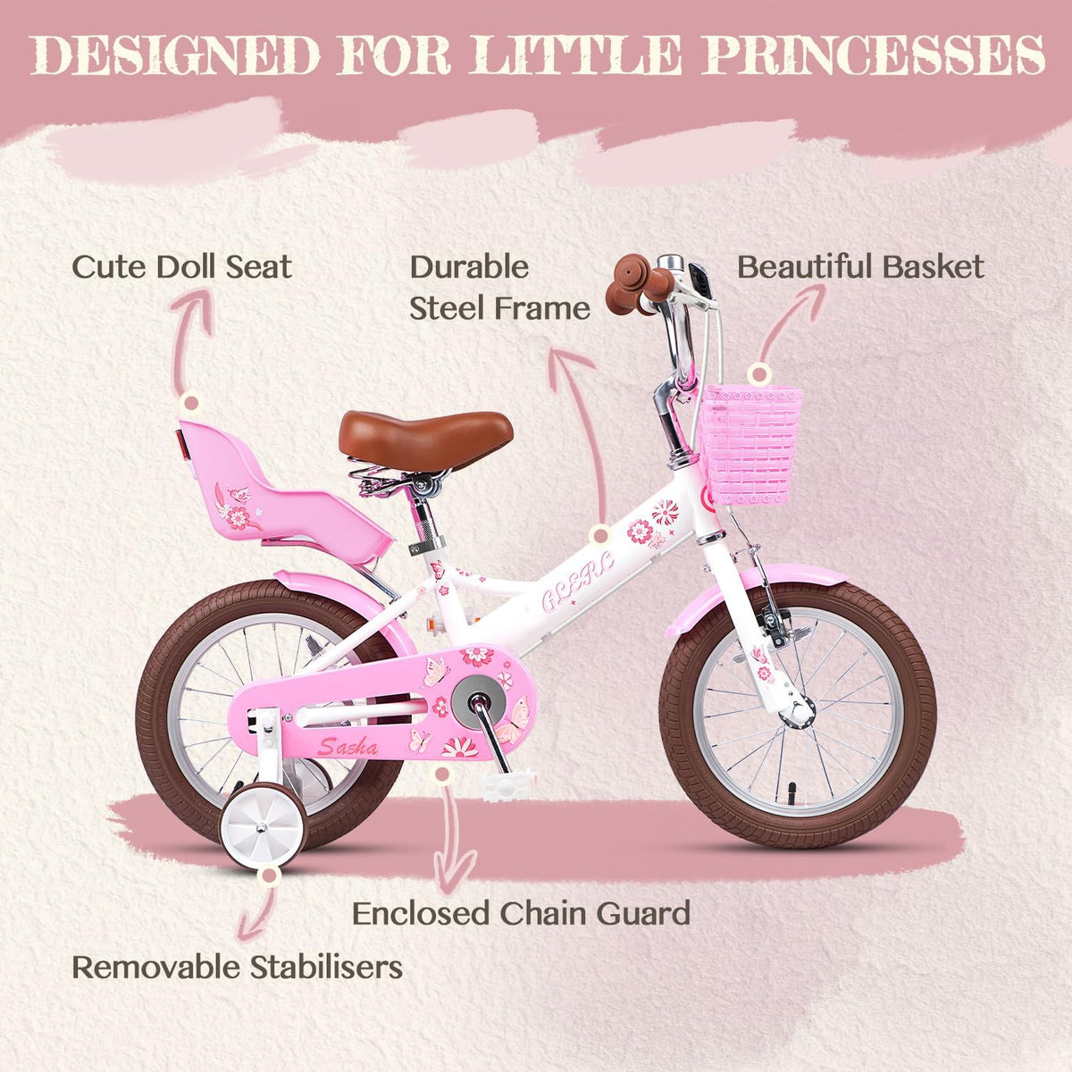 Glerc Kinderfiets voor meisjes, 12 - 20 inch, voor kinderen van 2 tot 20 jaar, met poppenstoel, mand, steunwielen en standaard, meerdere kleuren