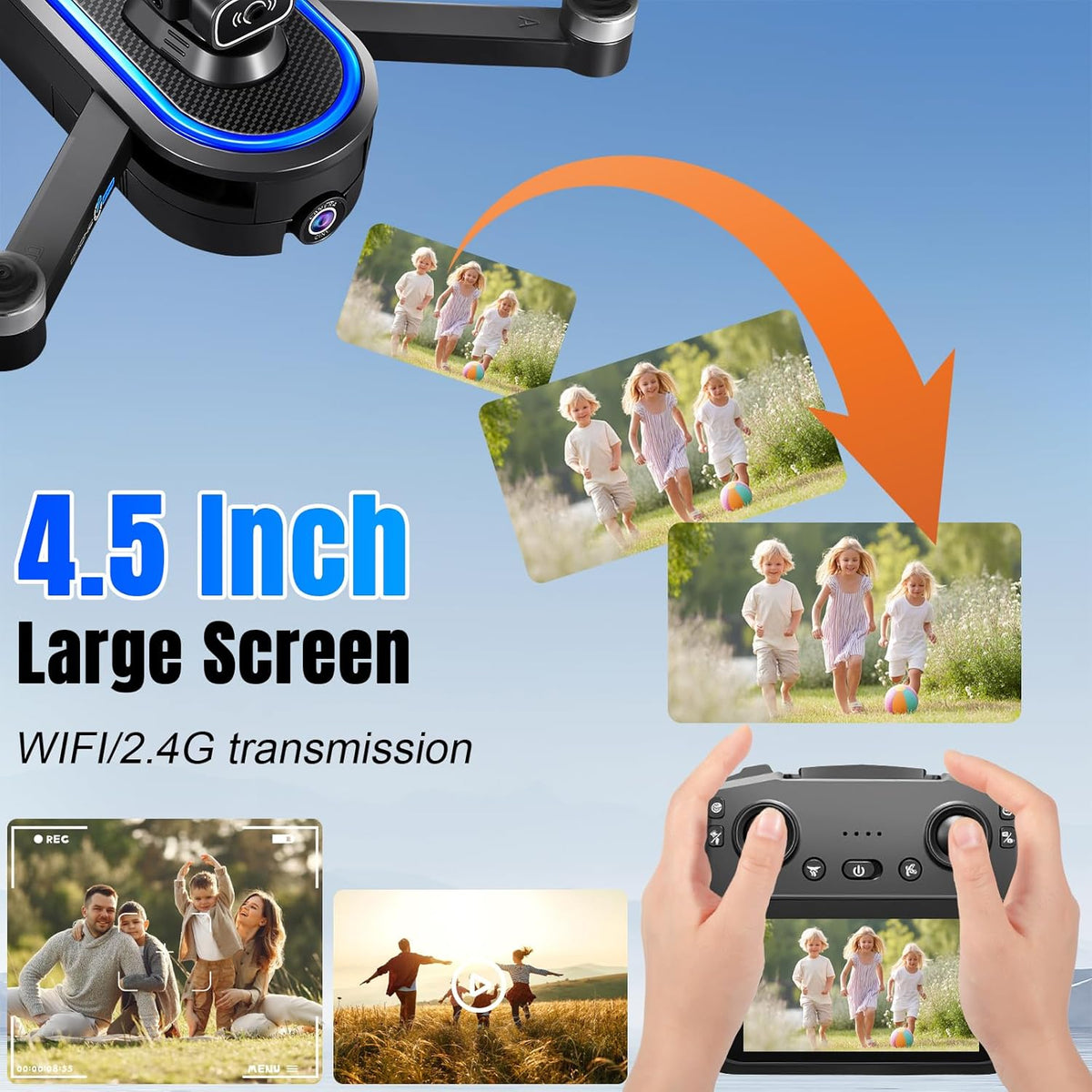Drone met camera, 1080P, drone-camera met 4,5 inch lcd-display, 2 batterijen, motor zonder weegschaal, optische stroom, FPV-drone RC quadricopter voor beginners