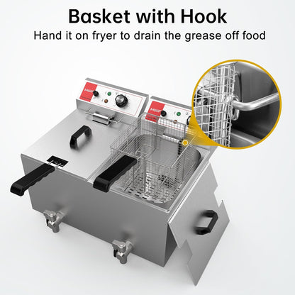 Valgus Dual Tanks Elektrische friteuse, 3300 W, 26 l, grote capaciteit, roestvrij staal, werkblad, keuken, frituurmachine met mand en deksel, afvoersysteem voor restaurants, commercieel gebruik