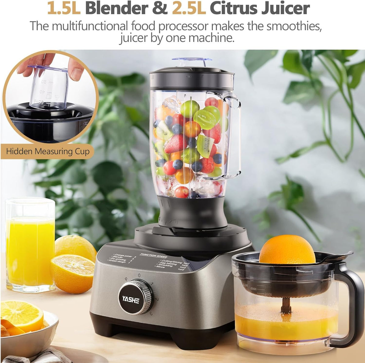 YASHE Multifunctionele keukenmachine, 11-in-1 blender, blender, hakmolen, sapcentrifuge en deegmachine met 2,5 l kom en 1,5 l mengbeker, 1300 W, 3 snelheden, pulsfunctie, veiligheidsvergrendeling