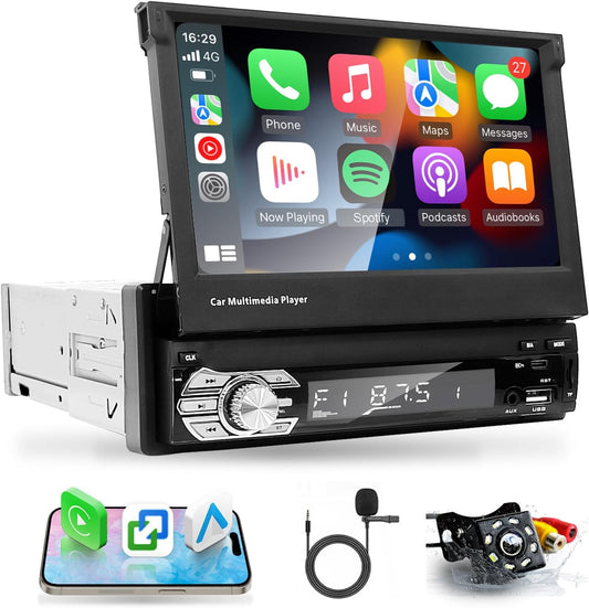EZoneTronics 7 inch uitklapbare 1 Din autoradio met Bluetooth, draadloos CarPlay, Android Auto, 1 Din touchscreen autoradio met scherm Mirror Link EQ FM USB Type-C AUX microfoon achteruitrijcamera