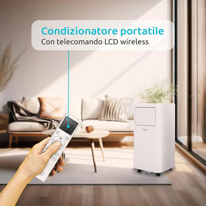 Vigo 9 Draagbare airconditioner, 9000 BTU, met warmtepomp en luchtontvochtiger, R290-gas, geavanceerde functies, draadloze lcd-afstandsbediening, programmeerbare timer en wielen, 63 dB