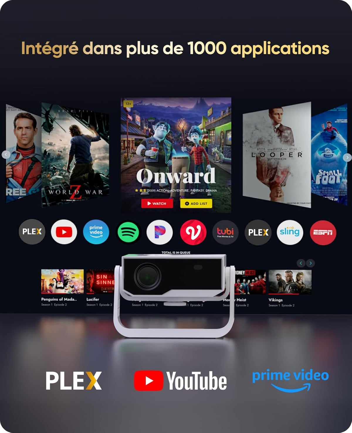 Intelligente videoprojector Wielio Android 11, FHD 1080p compatibel met 4K, WiFi6 & BT5.2, 28.000 lumen, ondersteuning 120 graden verstelbaar, elektronische focus, trapeziumcorrectie voor iOS/Android
