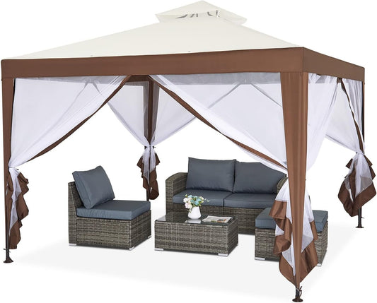 Mondeer Tuinpaviljoen, 3 x 3 m, dubbel dak, paviljoen met 4 muggennetten, zijpanelen voor schaduw en regen, metalen frame, stabiel, beige en bruin