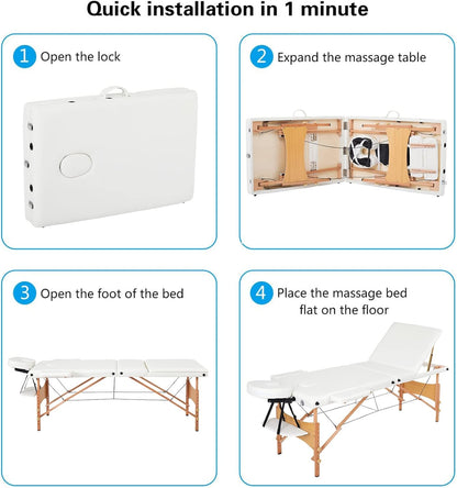 Opvouwbare Massagetafel – Behandelingstafel, Behandelbank, Massagebed, Therapietafel – 3-Delig, Wit – Verstelbare Hoogte 69-81 Cm – 7 Cm Fijncelschuim