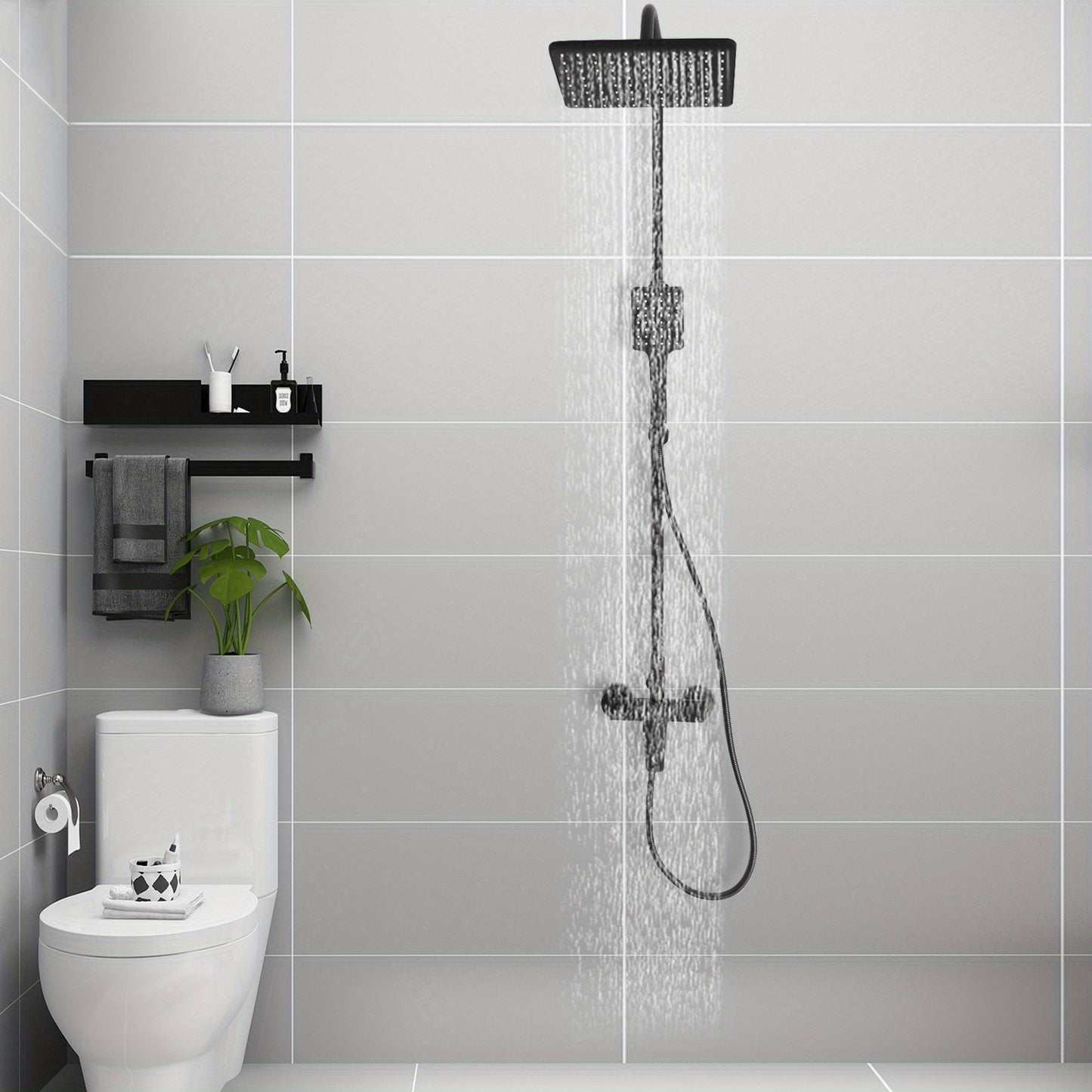 TOOL1SHOOO Hot & Cold Water Shower Set In Black Brass - Air Boost Technology, Height Adjustable Wall Mount Design, 2 Spout Modes