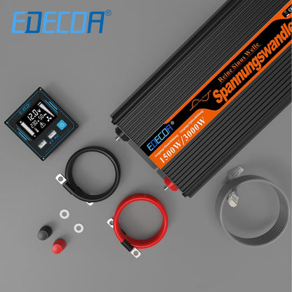 EDECOA Auto Omvormer 12V naar 230V Zuivere Sinus 1500W RV Spanningsomvormer 12 V 230 V 3000W Piek met LCD Afstandsbediening, EU Stopcontacten