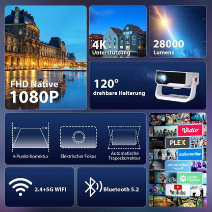 2025 Smart beamer 4K ondersteuning Android 11, Full HD 1080P, 28000 lumen, WiFi 6 en BT 5.2, houder verstelbaar 120°, elektrische focus, trapeziumcorrectie, thuisbioscoopprojector voor switch