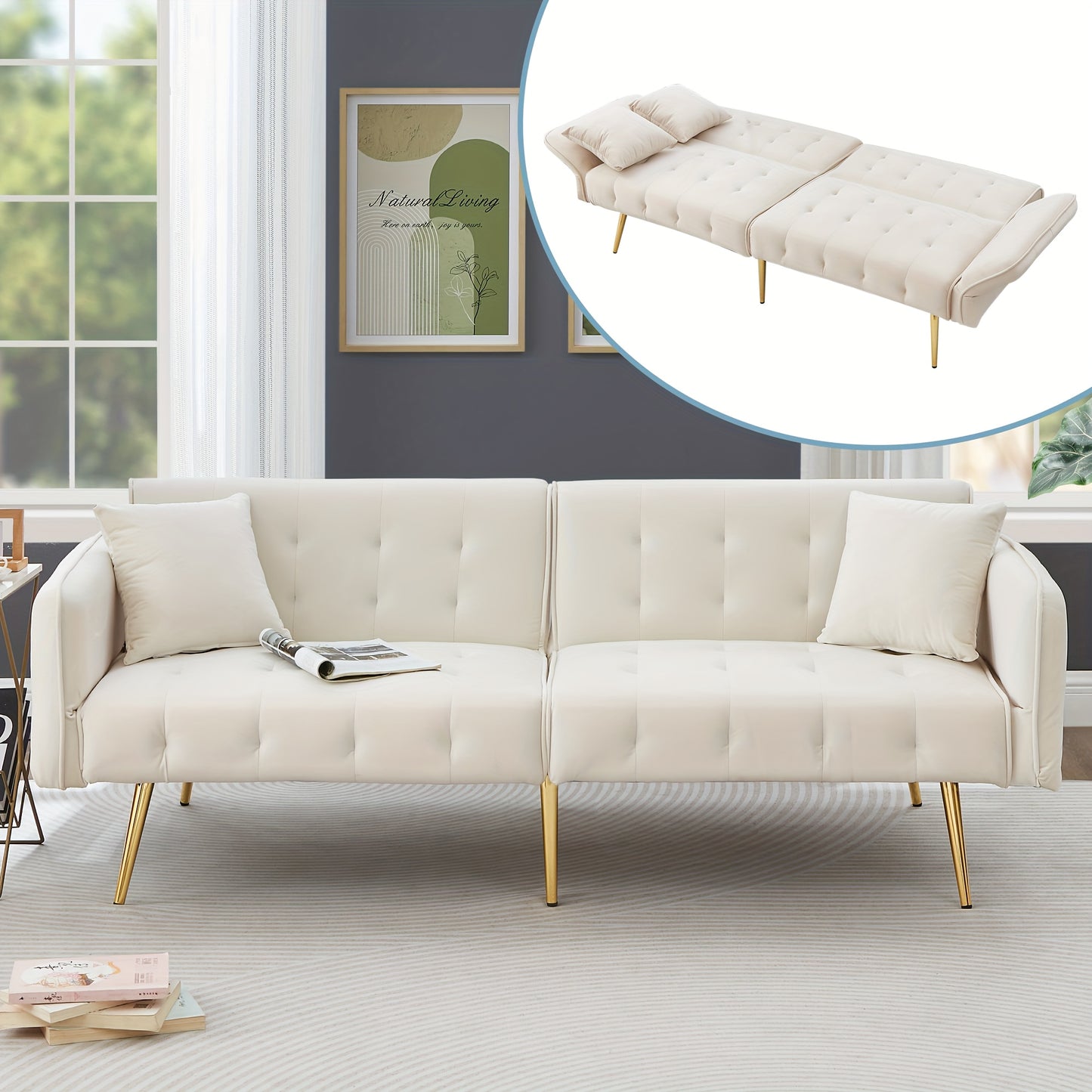 Bankbed – Slaapbank – Bedbank – Sofa – Logeerbed – Modern Wit – Verstelbare Rugleuning & Armleuningen – Handmatige Bediening Zonder Elektriciteit