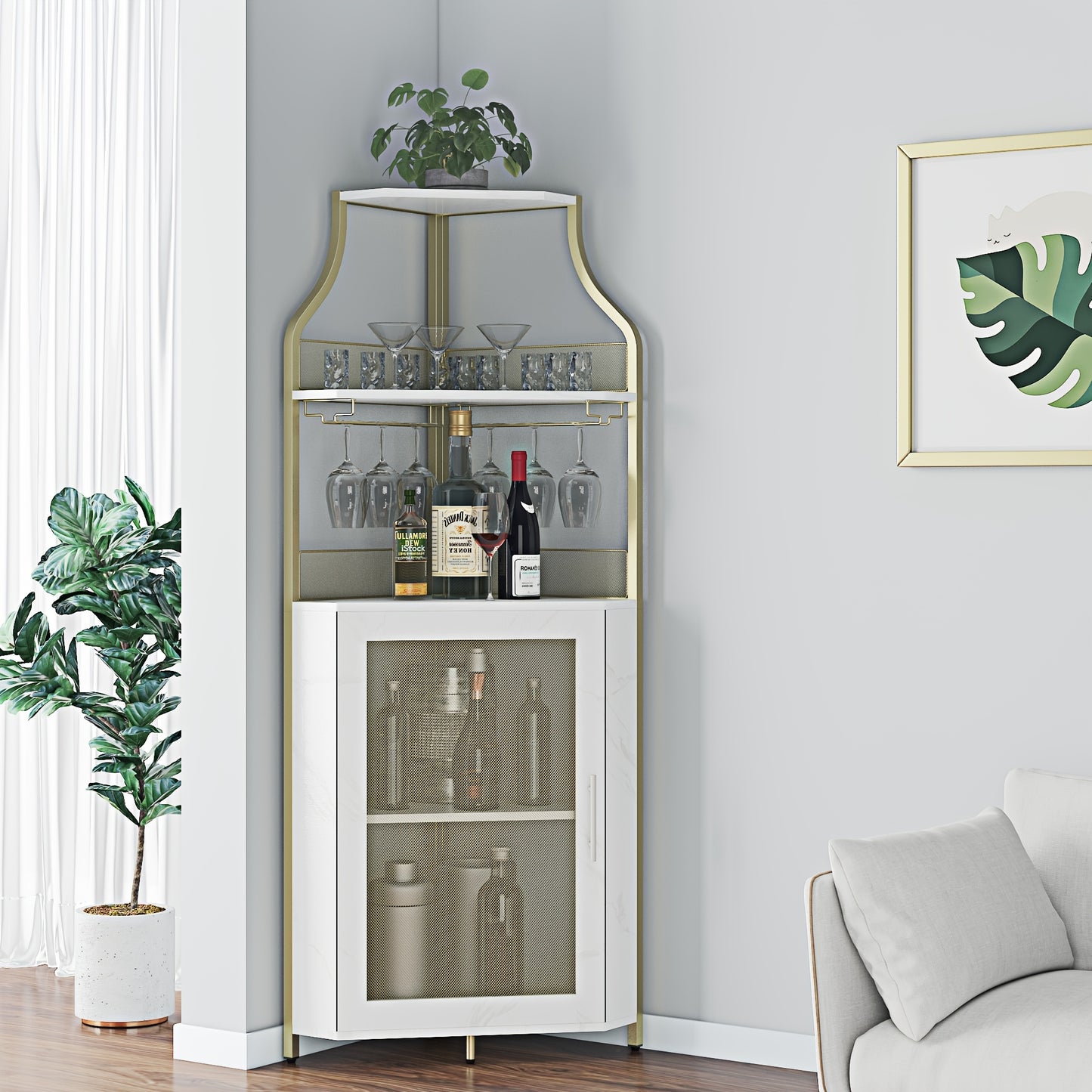 Barkast – Wijnkast – Drankkast – Buffetkast – Opbergkast – Hoekontwerp – Glazenrek – Mesh Deur – Zonder Hout – Stabiel & Compact
