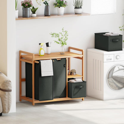 ADEL DREAM Wasmand, 4 vakken, wasverzamelaar, 140 liter, wasboxen met mand, wassorteerder met 2 waszakken en 2 stoffen boxen met plank, waszak, bamboe, wasrek, wasbox, laundry basket, donkergrijs