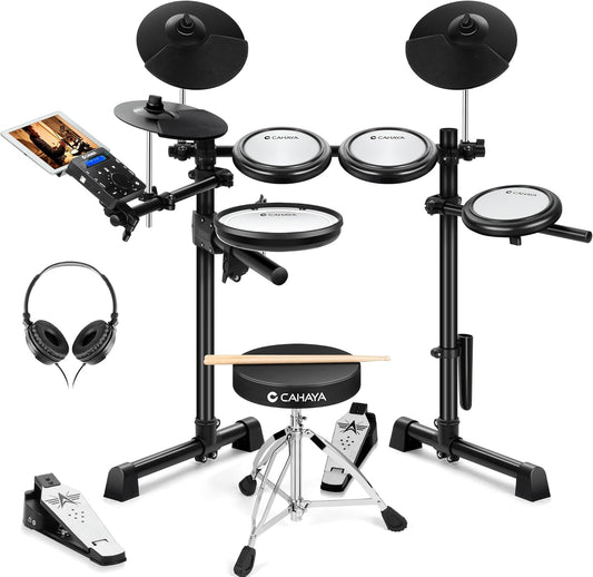 CAHAYA E-drumset met mesh-vacht: Dual Trigger Pads en 350 geluiden – elektronisch drumstel met grote 8 inch snare pad, complete set met drumkruk, hoofdtelefoon, sticks – voor beginners en kinderen
