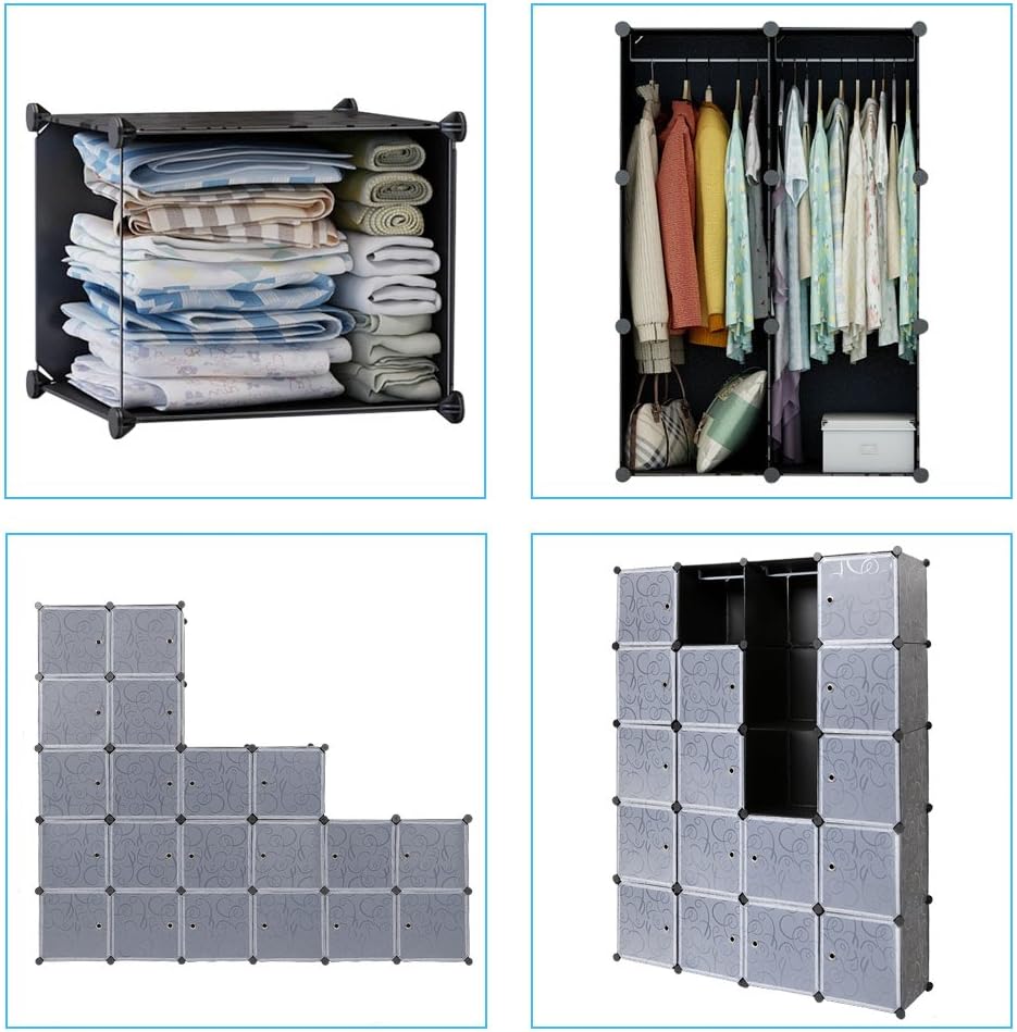 Mondeer Draagbare kledingkast, opbergrek, modulaire opbergkubus van kunststof van stabiel metaal, eenvoudige montage voor kleding, accessoires, speelgoed (zwart, 20 kubussen)