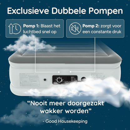 Huddle® NEVER DEFLATE™ Luxe King-size Luchtbed, Good Housekeeping 2025-winnaar, met Dual Pump SlumberGuard™ Technologie, instelbare stevigheid, ingebouwde pomp en USB-nachtlampje.