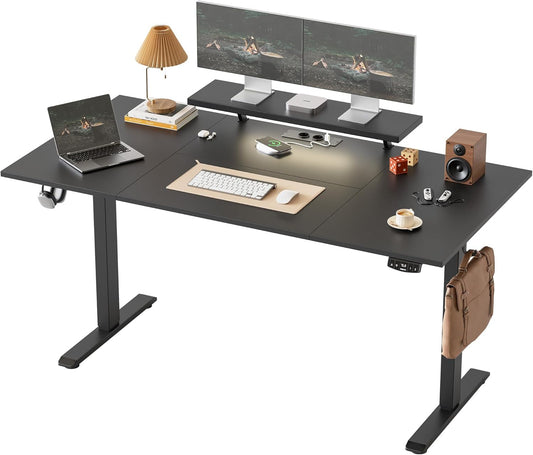 Klicelor Elektrisch Hoogteverstelbaar Bureau met LED en Stopcontacten, 160x80 cm, Bewegelijke Monitorstandaard, voor Gaming en Kantoor, Zit-Sta Bureau met 4-delig Bovenblad, Zwart