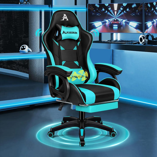 ALFORDSON Gaming Chair, Office Chair, Gaming Chair, Chair, 2 Point Massage, Footrest, Headrest and Lumbar Cushion, 150° Adjustable Backrest, PU Leather, Cyan - QUORE