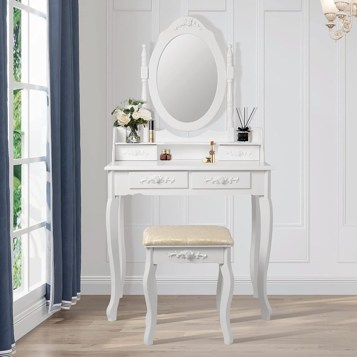 ML-Design Dressing Table White, Dressing Table with Mirror, Stool and 4 Drawers, 75 x 140 x 40 cm, Country Style, Cosmetic Table for Women & Girls, Dressing Table Made of MDF Wood, Dressing Table - QUORE