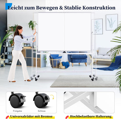 maxtek Whiteboard met standaard, dubbelzijdig magnetisch aluminium frame, mobiel whiteboard met pennen, sponzen, bordwisser