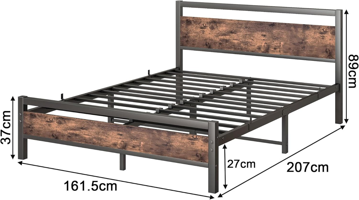 Bedframe 160x200 van metaal en hout, metalen bed met lattenbodem, logeerbed, tienerbed, tweepersoonsbed 160x200 cm met hoofdeinde, metaal bed, bruin en zwart