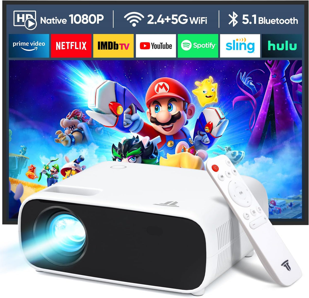 2025 high-performance projector, compatibel met Switch en PS5 zonder vertraging, projector met wifi en bluetooth, 20.000 lumen, 4K-compatibel, Full HD-resolutie 1080P, hoge helderheid