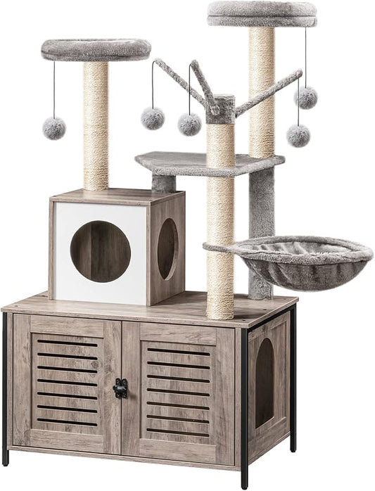 HOOBRO Scratching Post, Cat Tree with Litter Box, 2-in-1 Modern Cat Tower, Scratching Posts, Perch, Washable Cushions, Grey Beige EBG14MZ03 - QUORE