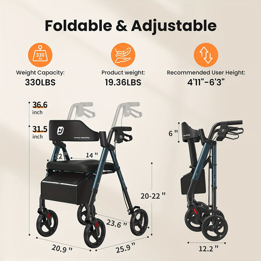 Rollator – Wandelwagen – Looprek – Mobiliteitshulpmiddel – Loophulp – Opvouwbaar – Lichtgewicht Aluminium – Grote 20,32 cm Wielen – Ergonomische Zitting met Rugleuning – Verstelbaar in Hoogte – Draagvermogen tot 136 kg