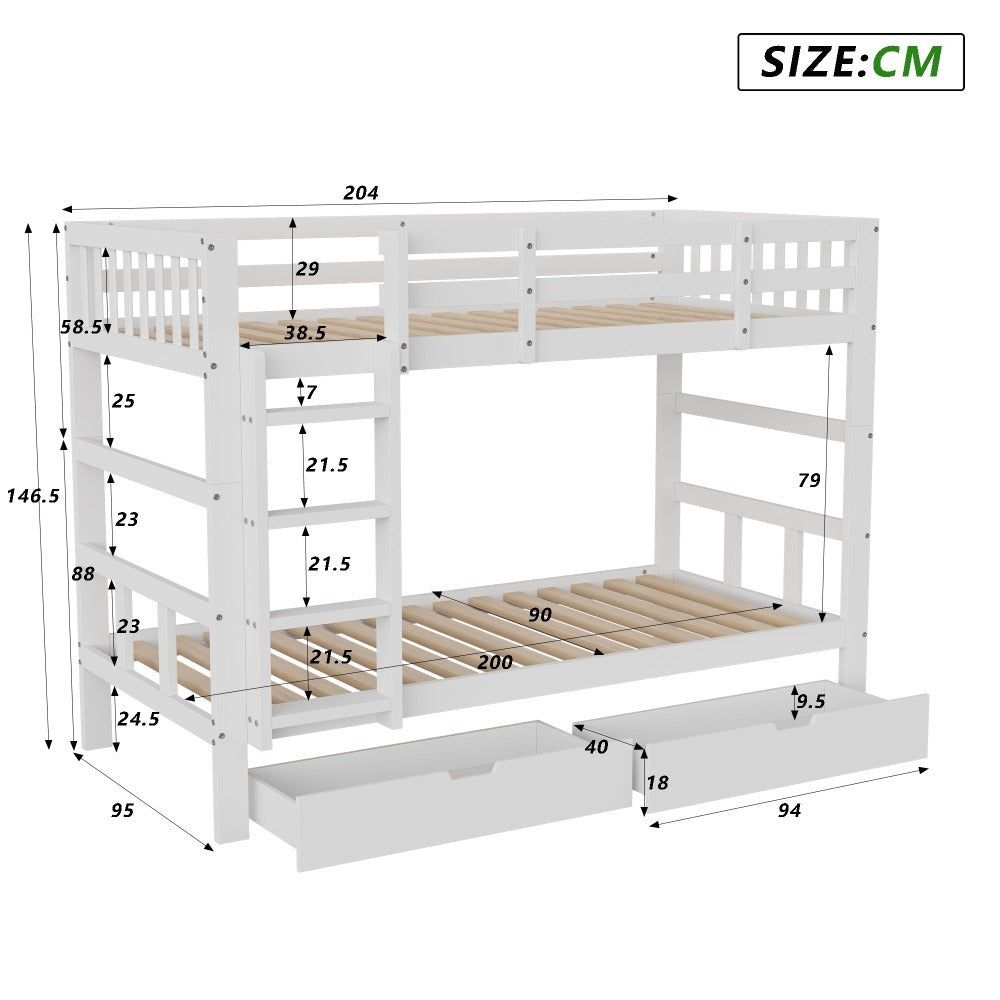 Stapelbed – Hoogslaper – Kinderbed – Lits-jumeaux – Kinderstapelbed – Massief Hout – Met Opbergruimte – 90x200 cm – Veiligheidshek – Wit