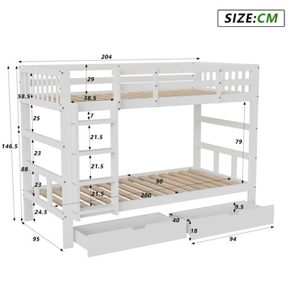 Stapelbed – Hoogslaper – Kinderbed – Lits-jumeaux – Kinderstapelbed – Massief Hout – Met Opbergruimte – 90x200 cm – Veiligheidshek – Wit