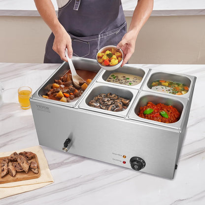 VEVOR Commerciële voedselverwarmer, 14,5 liter, 1 x 1/3 + 4 x 1/6 grootte, elektrische warmhoudplaat, 1200 W, werkblad van roestvrij staal, buffet-Bain-Marie, temperatuurregeling van 30-85 °C