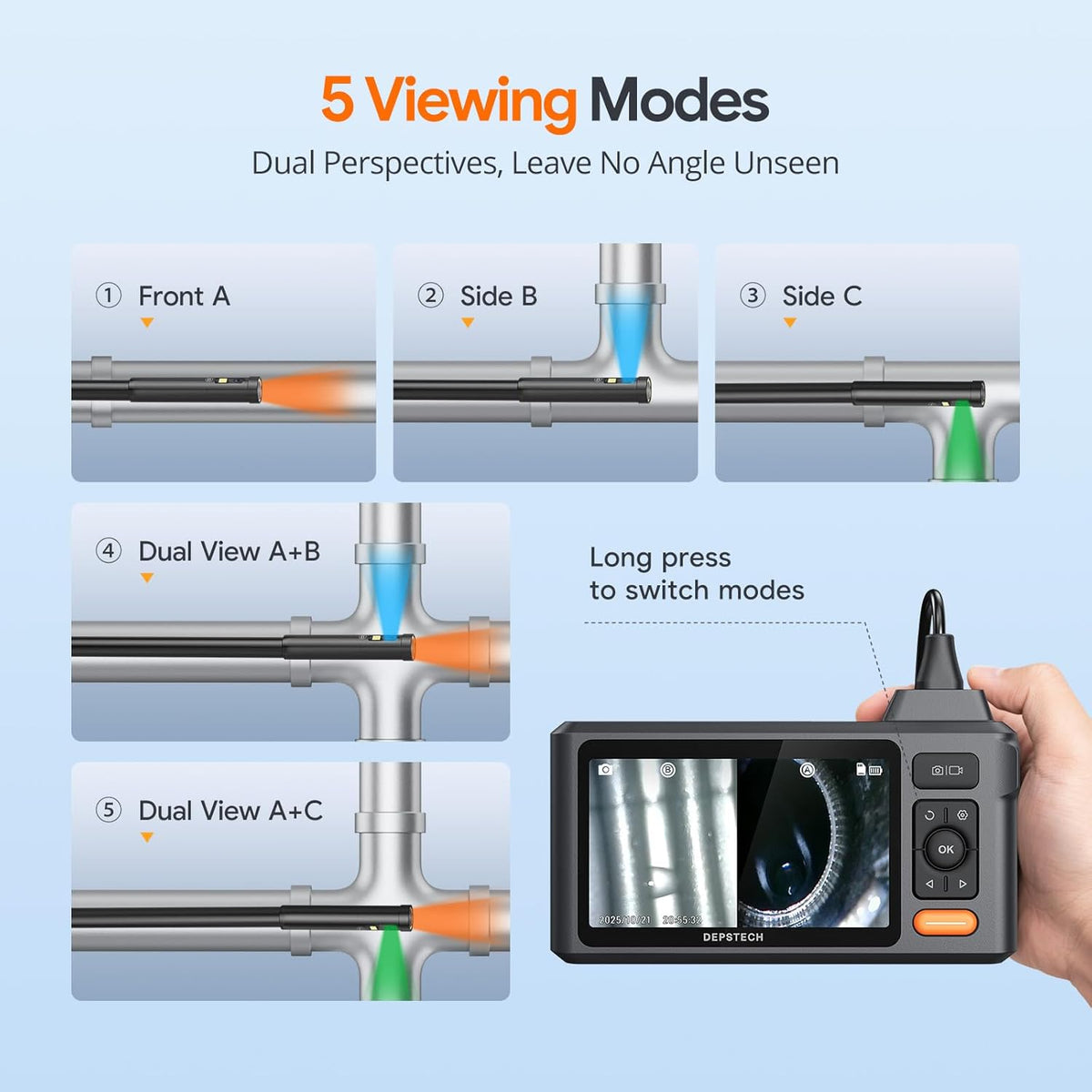DEPSTECH endoscoopcamera met 3 lens, 15 m, 5 inch IPS-scherm, 1080p industriële endoscoop, buiscamera, kanaalcamera, IP67 waterdichte inspectiecamera voor afvoerbuizen