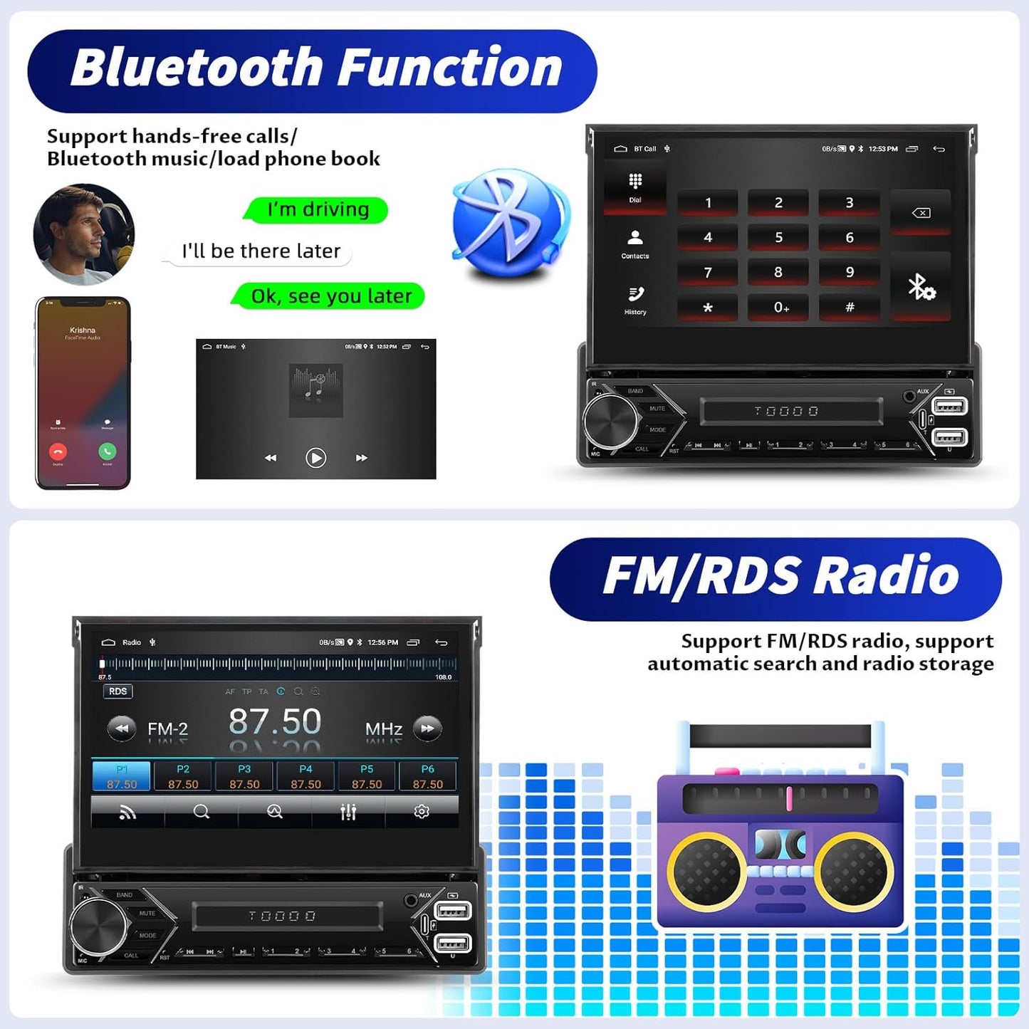 OiLiehu 2+64G Android 13 1-DIN Autoradio met Draadloze CarPlay & Android Auto, 7" IPS Handmatig Inklapbaar Scherm