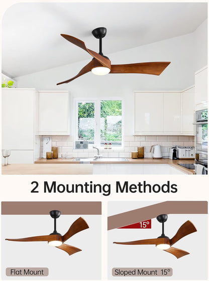 Plafondventilator met verlichting en afstandsbediening, 3 houten vleugels, 132 cm, timer, 3 kleurtemperaturen, 6 snelheden, zomer, winter, DC, stille plafondventilator met licht voor woonkamer