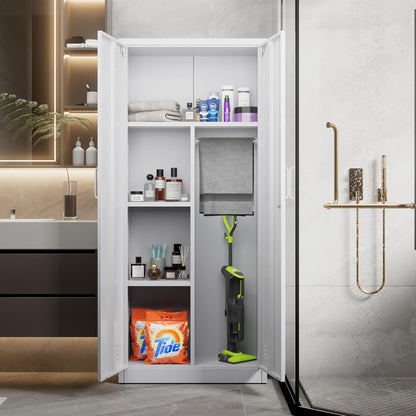 Bestekkast met ventilatie en magneetsluiting, multifunctionele kast, stabiele stalen kast voor stofzuigers, schoonmaakmiddelen, wasgoed en huishoudelijke accessoires, 70 x 30 x 165 cm, wit