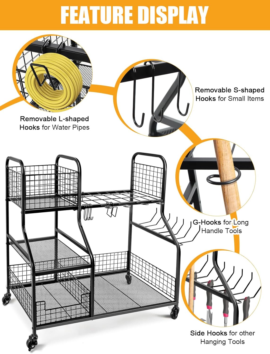Kalolary Garden Tool Storage Organizer voor Garage, 3 Laags Opberghouder Gereedschap met Wielen, Groot Tuingereedschaprek met Extra Opbergmand voor Tuin/Schuur/Garage/Tuin/Kelder/Gazon