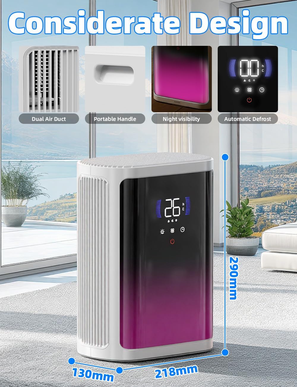 Elektrische luchtontvochtiger, 2,8 liter, met functie ontdooien en automatische uitschakeling, timer, gekleurd nachtlampje, stille ontvochtiger, 900 ml/t, voor woning, kelder
