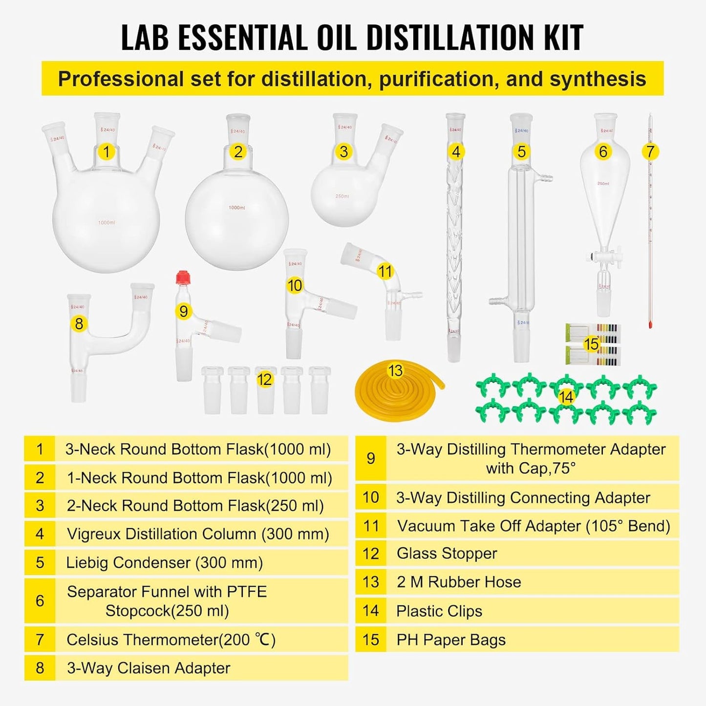 Laboratoriumglasset – Laboratoriumglaswerk – Destillatieset – Glaswerkset – Labapparatuur – 32-Delig – 3,3 Borosilicaatglas – 24/40 Slijpverbindingen & Tot 600 °C