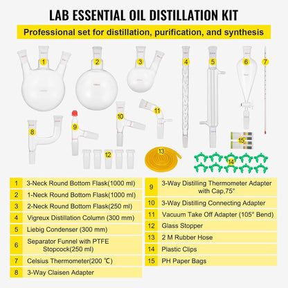 Laboratoriumglasset – Laboratoriumglaswerk – Destillatieset – Glaswerkset – Labapparatuur – 32-Delig – 3,3 Borosilicaatglas – 24/40 Slijpverbindingen & Tot 600 °C