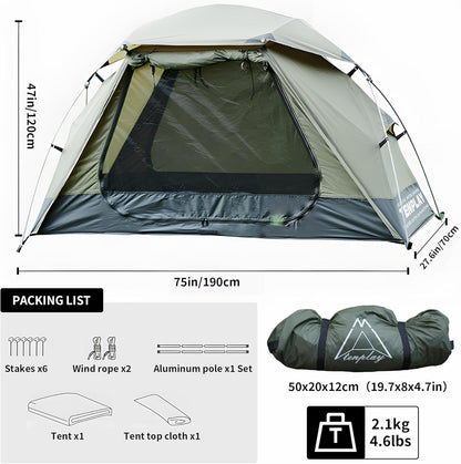 1 Man Oasis Tent 2 kg ultralicht, 7001 aluminium stangen, PU5000 waterdicht met 210T polyester, één-in-één ontwerp, compacte backpacktent met ventilatieramen, voor wandelen, vissen, reizen
