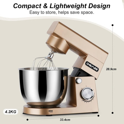 CHeflee Keukenmachine, 1500 W, deegkneedmachine met 4,5 en 5,5 l roestvrijstalen kom, 10+P snelheid, keukenmixer met roerhaak, deeghaak, garde en spatbescherming (goud)
