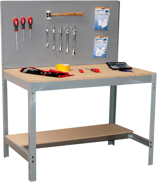 Simon Rack Sterke Werkbank met Geperforeerd Paneel, 1445x910x610 mm, 400 kg Draagvermogen, Metalen Frame en Houten Werkblad, Perfect voor Garage en Werkplaats, Grijs/Hout – BT2