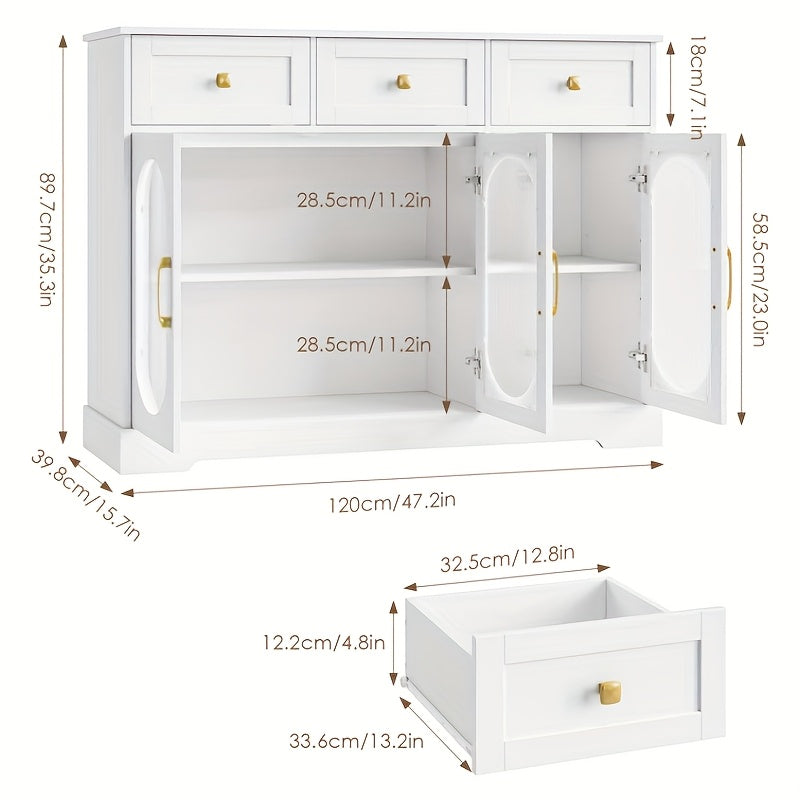 Dressoir – Buffetkast – Opbergkast – Kast – Tv-meubel – Modern Wit – 3 Lades & 3 Glazen Deuren – Verstelbare Planken & Gouden Handgrepen – Spaanplaat – 120x89,7x39,8 cm