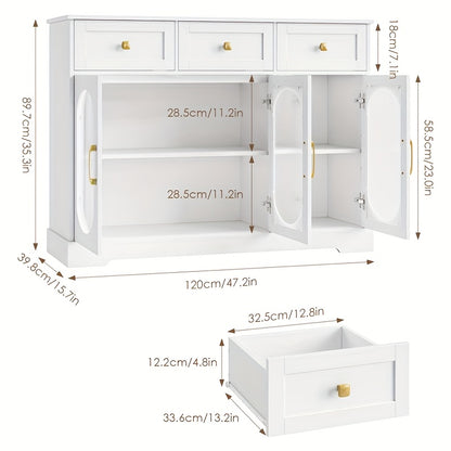Dressoir – Buffetkast – Opbergkast – Kast – Tv-meubel – Modern Wit – 3 Lades & 3 Glazen Deuren – Verstelbare Planken & Gouden Handgrepen – Spaanplaat – 120x89,7x39,8 cm