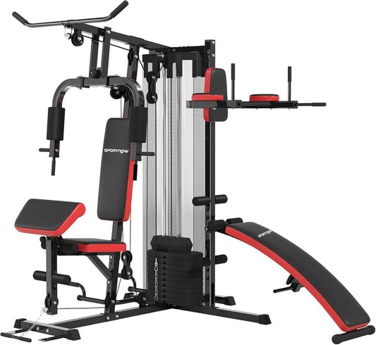 SPORTNOW Kraftstation,Multifunktionale Fitnessstation mit Butterfly- & Latzugstange,Curler, Brustpresse, Sit-Up-Bank, Fitnessgerät mit 65 kg Weightblöcken für Zuhause, Schwarz - QUORE