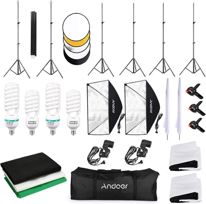 Fotostudioset – Fotostudioverlichtingsset, Achtergrondset, Softboxset, Studiolichtset – Met 3 Achtergrondkleuren Zwart, Wit En Groen – 1,8 X 2,8 M Achtergrondsteun – 2 Softboxen 50 X 70 Cm En 5-In-1 Reflector