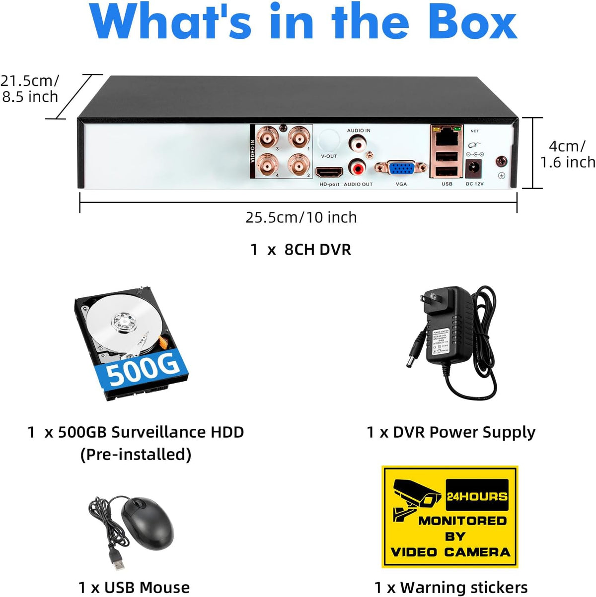 4-kanaals CCTV bewakingsDVR met 500 GB HDD, 4 Ch 5MP H.265+ DVR video-recorder voor analoge XVI AHD TVI IP-camera's, DVR voor beveiligingscamera-bewakingssysteem voor thuis, mobiele app en pc (systeem