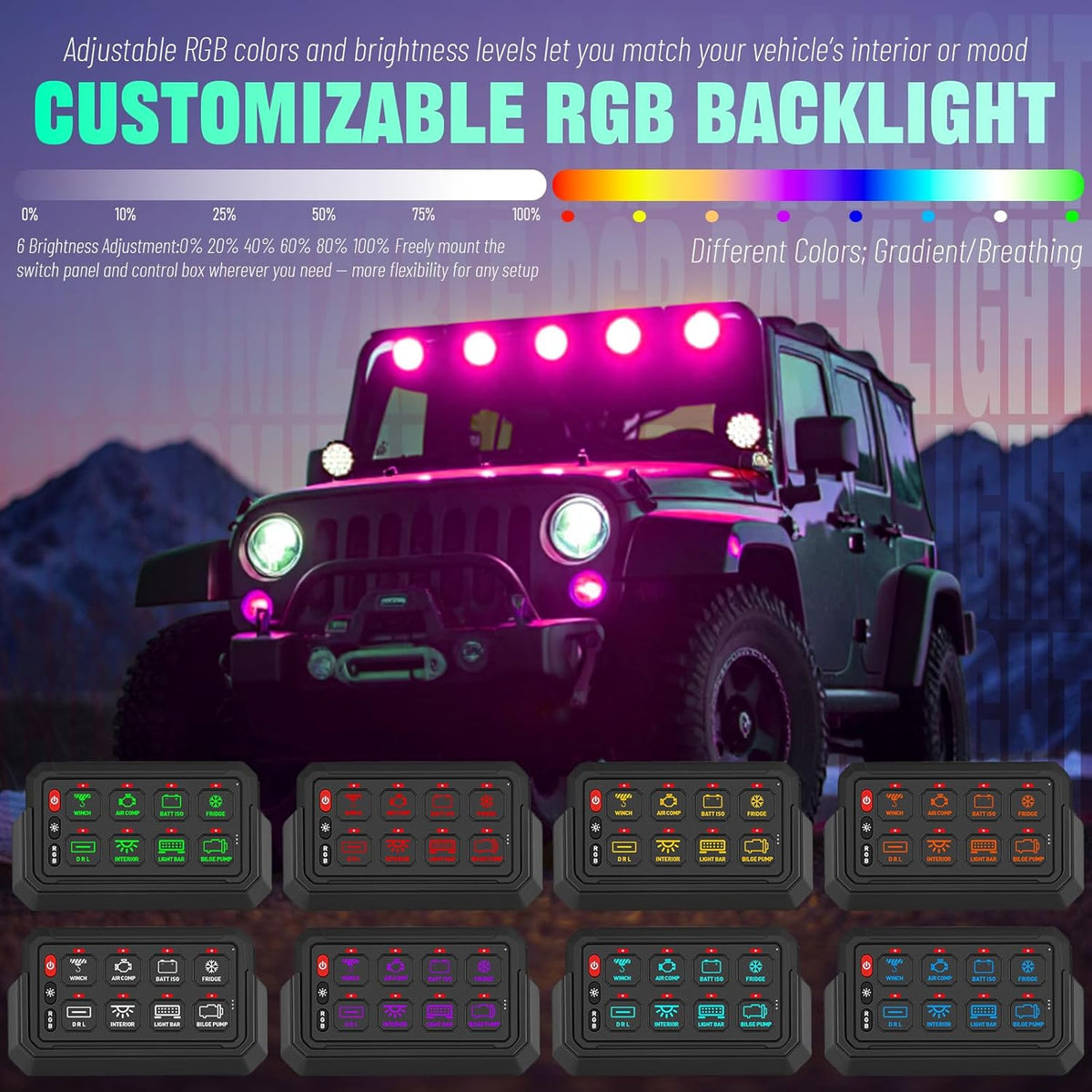Chelhead 8-gang draadloos schakelpaneel, bediening tot 81 m, besturingsrelaisbehuizing, multifunctioneel schakelpaneel, 4 verlichtingsmodi, compatibel met scheepsvoertuigen