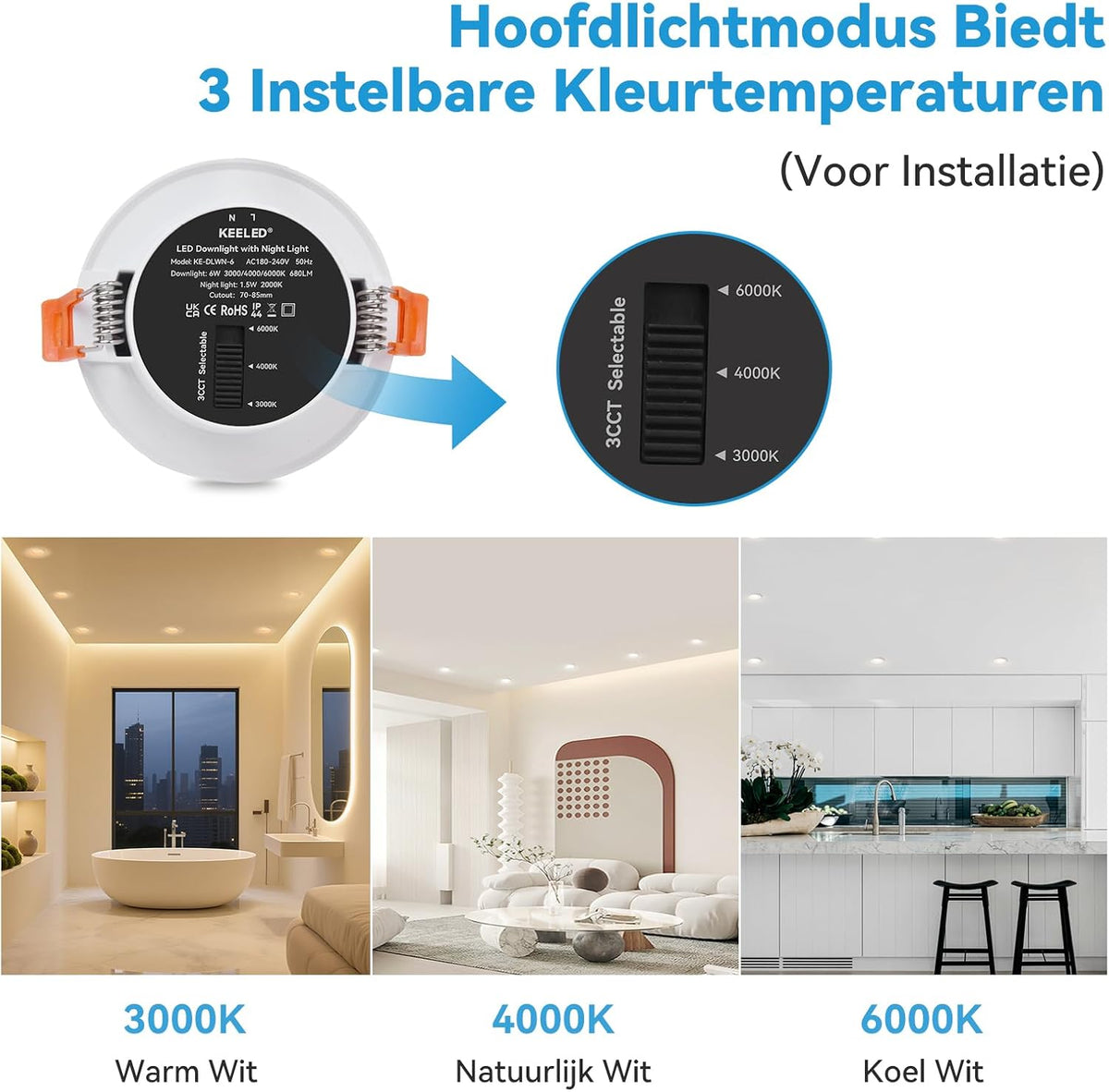 KEELED Inbouwspots voor Plafond, Inbouwverlichting met Nachtlampfunctie, 230V, 6W, 3 kleurtemperaturen 3000K/4000K/6000K selecteerbaar, 70-85mm inbouwgat, 24 stuks